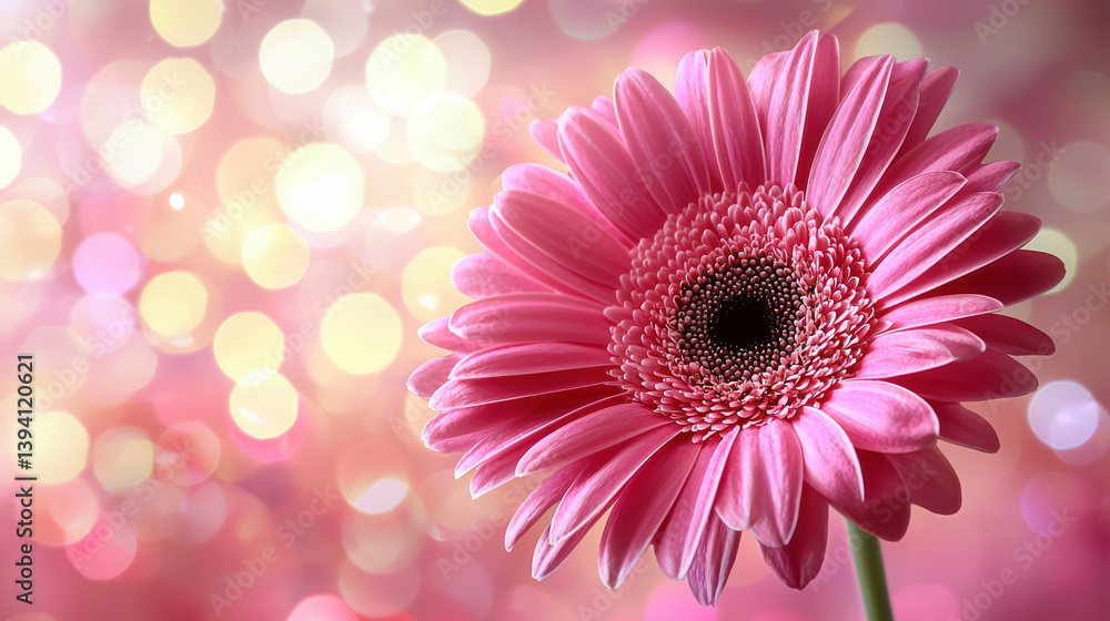 Obraz premium A single pink gerbera daisy blooms vibrantly against a soft bokeh background of warm yellow and pink lights creating a beautiful and delicate floral image perfect for greeting