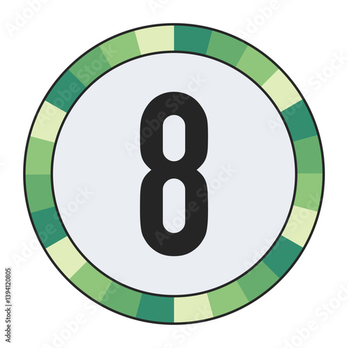 GRADIENT GREEN AND CREAM CIRCLE WITH PROMINENT OLIVE GREEN number “8” IN THE CENTER ON A DARK BLACK BACKGROUND, enclosed in a black frame.