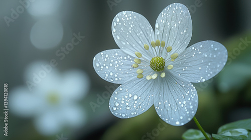 A delicate white wood anemone flower blossom covered in morning dew drops shines brightly against a blurred green background showcasing its intricate details.