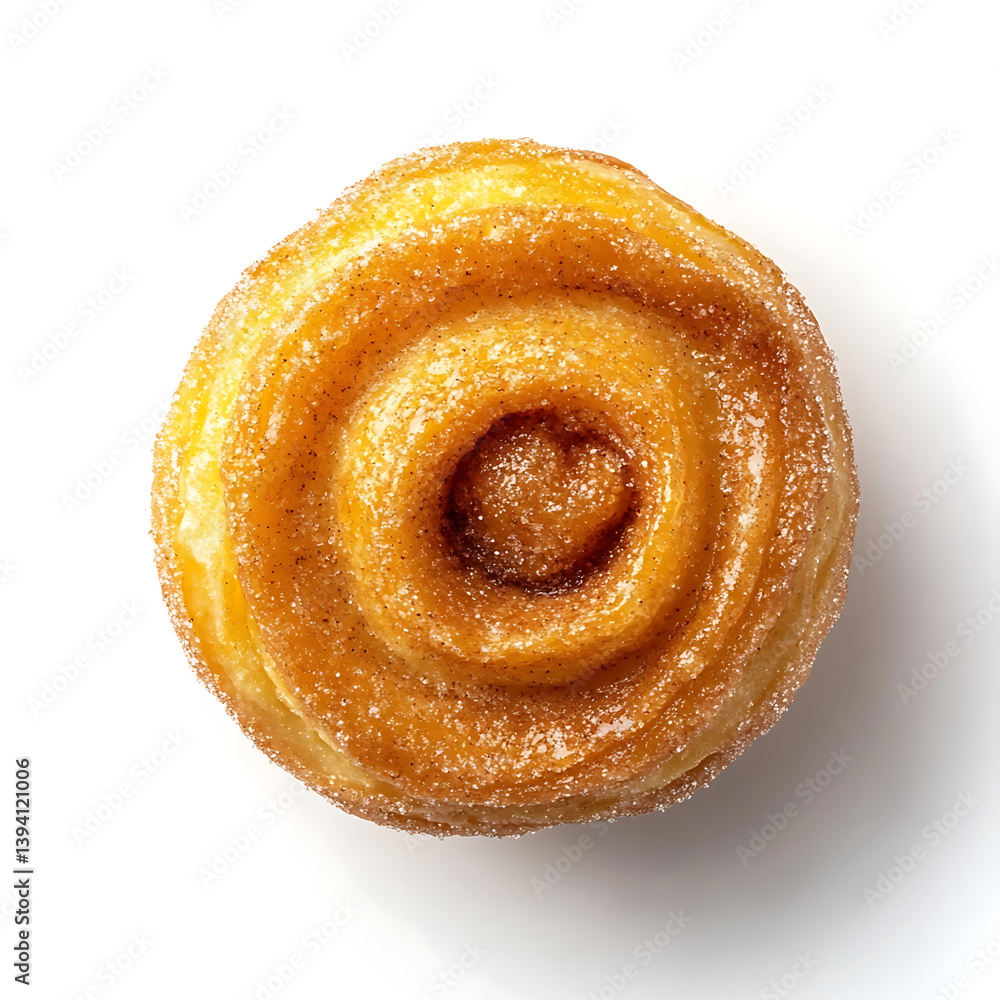 Fototapeta premium Golden and fluffy cinnamon sugar donut with a perfectly soft interior rich cinnamon aroma, isolated white background, modern art style