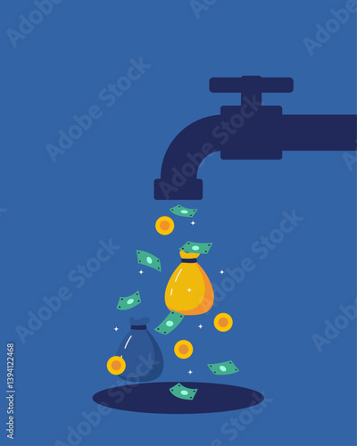 Faucet with money and coin drops. Money resource, passive income concept vector illustration