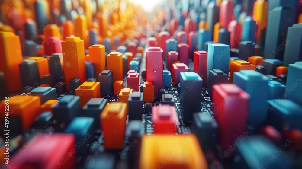 Obraz premium A vibrant, abstract representation of a cityscape with colorful geometric structures.