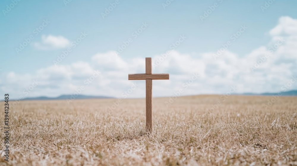Wooden Cross in Field Simple Minimalist Style High-Resolution Natural Light Landscape Wide Shot Dry Grass Faith Symbol Serenity Background Warm Neutral Tones Perfect for Religious Media