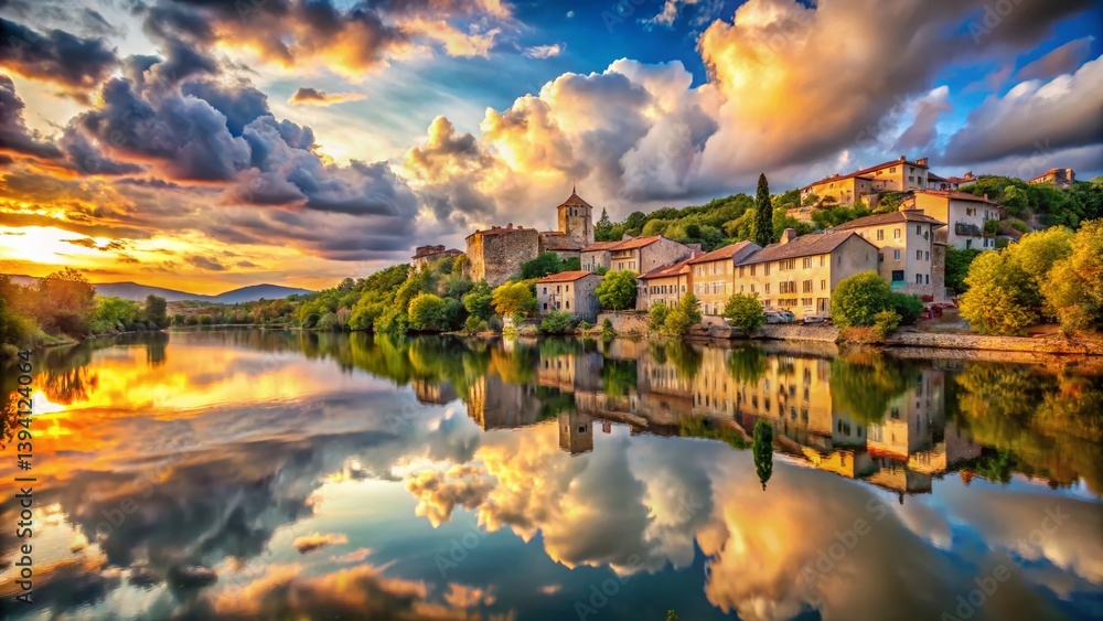 Fototapeta premium A Dreamlike French Village Reflected in a Surreal River Cloudscape and Medieval Architecture A Stunning Visual Fusion