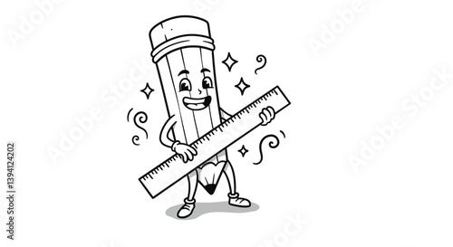Pencil with Ruler: A joyful anthropomorphic pencil joyfully holding a ruler, with cheerful stars and swirls, a fun illustration.