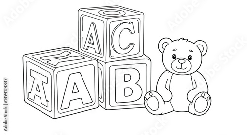 Alphabet Cubes and Teddy Bear: A charming and simple illustration featuring three alphabet cubes and a cuddly teddy bear, evoking childhood innocence and the joy of learning.