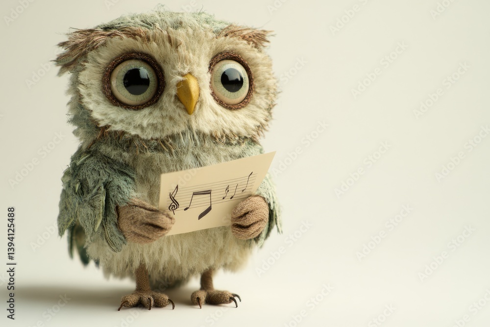Obraz premium A cute plush owl is holding a sheet music, seeming to sing a song.