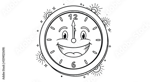 Tick-Tock Triumph: A cheerful clock face with a big smile is about to strike noon, radiating the joy of time. Perfect for adding a touch of fun to designs.