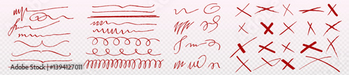 Handdrawn highlight lines and cross marks set - various sketchy red doodle strokes, underlines and scribbles. Artistic flourish elements, calligraphic swooshes, x signs for editing marks in document.
