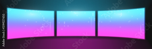 Three led screens mockup on stage background. Vector realistic illustration of blue and pink neon light panels, tv show, stadium, concert or night club wall equipment, lcd display with color dot grid