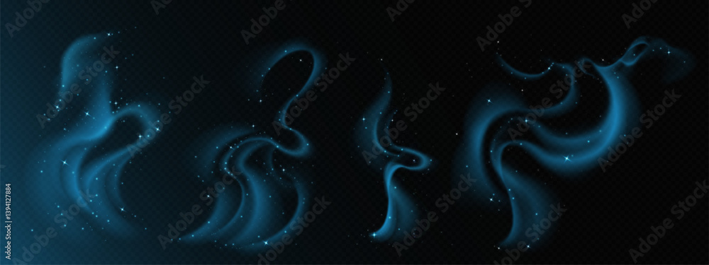 Obraz premium Magic smoke stars set isolated on transparent background. Vector realistic illustration of neon blue mist swirls, snow or stars sparkling in night sky clouds, galaxy nebula, mysterious light effect
