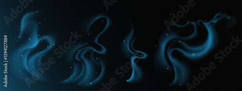 Magic smoke stars set isolated on transparent background. Vector realistic illustration of neon blue mist swirls, snow or stars sparkling in night sky clouds, galaxy nebula, mysterious light effect