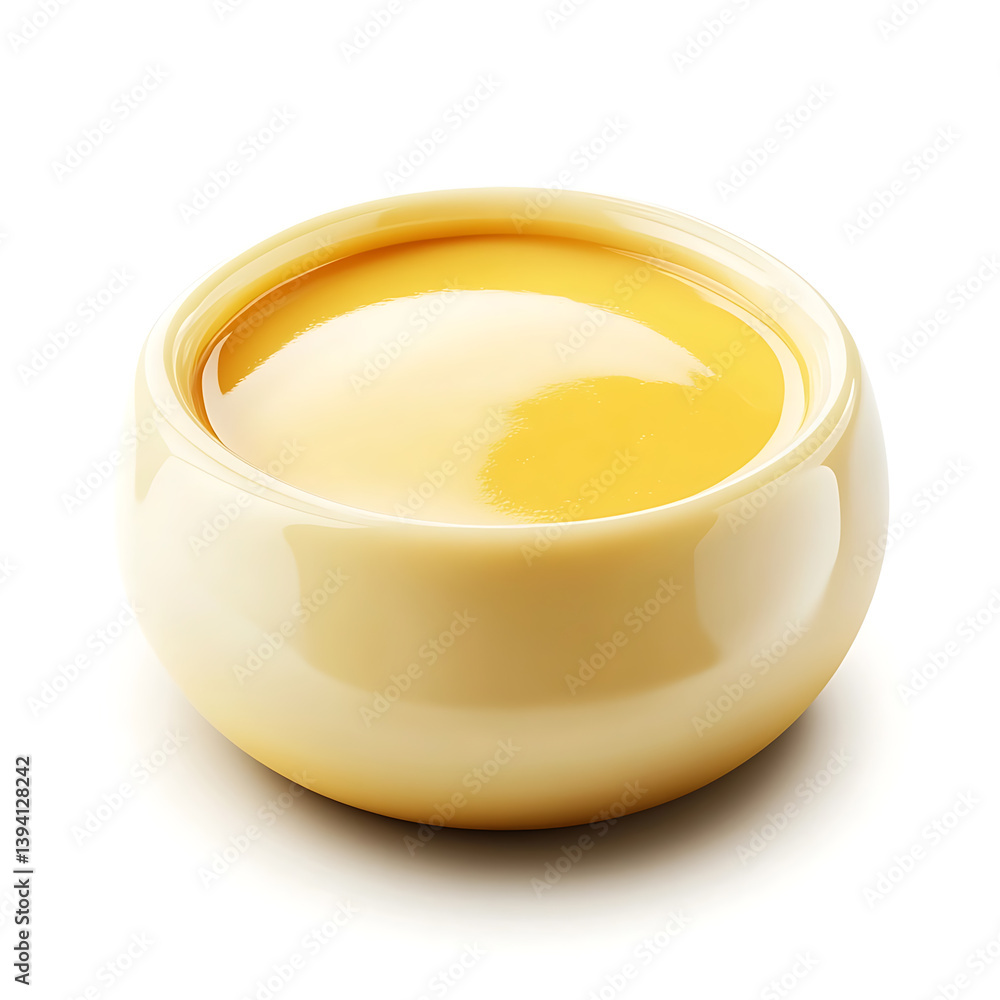 Rich and creamy custard with a smooth glossy texture deep vanilla flavor, isolated white background, hyperrealism art style Rich and creamy custard with a smooth glossy texture deep vanilla flavor, isolated white background, hyperrealism art style