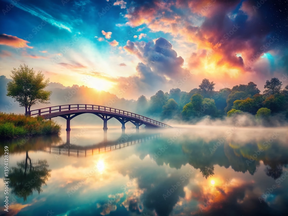 Fototapeta premium A Dreamlike Cloudy Day Over a Serene Lakeside Bridge An Ethereal Landscape Painting