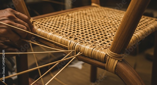 Hands Crafting Chair Seat From Wicker Material, Close Up, Artisan Work
