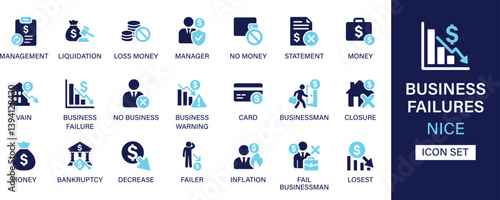 Business Failures icon set collection. Management, liquidation, loss money, manager, no money, statement, vain, card, closure, bankruptcy and best solid icon set.