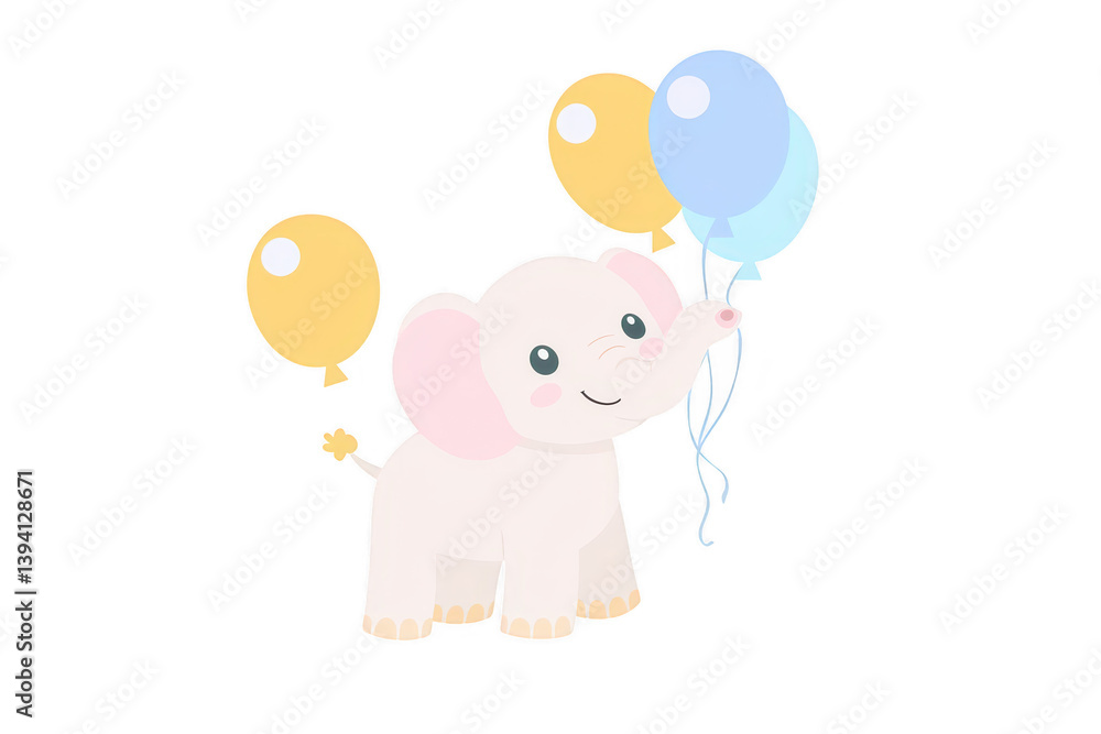 A Cute elephant holding balloons, featuring light pink color with large ears and cheerful expression. balloons are in yellow and blue, adding playful touch to illustration A Cute elephant holding balloons, featuring light pink color with large ears and cheerful expression. balloons are in yellow and blue, adding playful touch to illustration