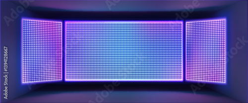Led screen wall display glowing with bright purple and blue gradient light - large blank digital billboard panel, empty advertising lightbox mockup. Abstract neon stage technology background.
