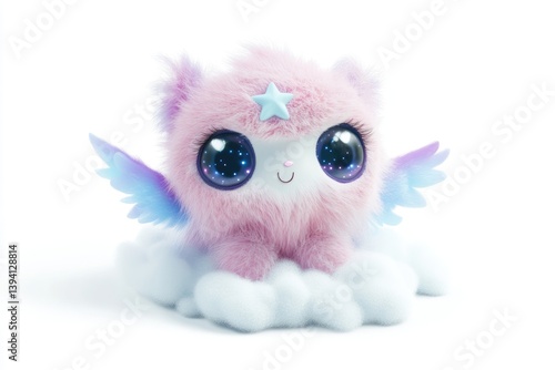 Adorable fluffy pink creature with wings, star, and galaxy eyes sits on a cloud.