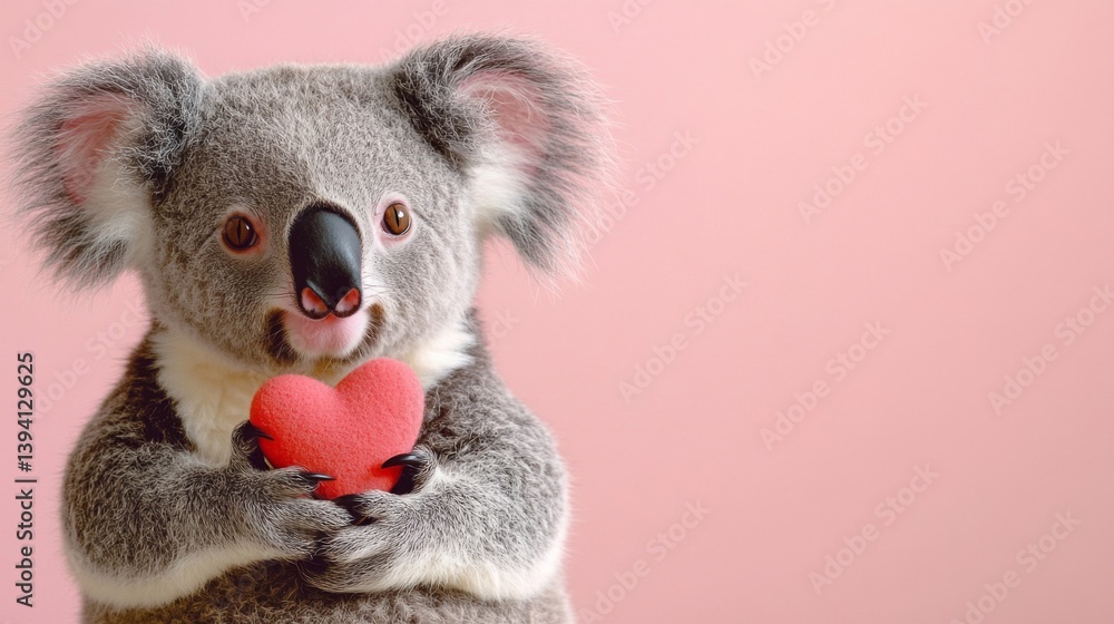 Fototapeta premium Gray Koala Holding Red Heart Plush Toy Against Pink Background for Valentines Day Celebration