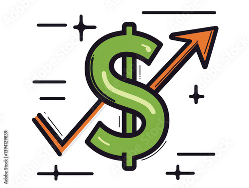 A vibrant dollar sign symbolizing financial growth, with upward arrow indicating progress and success. design features dynamic lines and stars, conveying sense of optimism and prosperity
