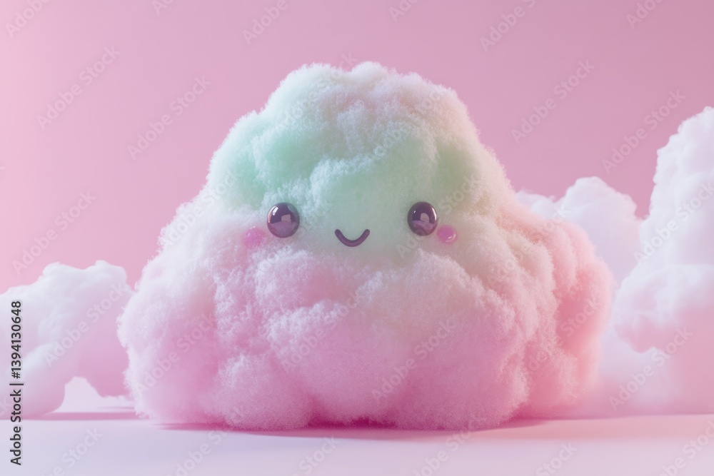 Cute, fluffy pastel cloud with a happy face, set against a pink background. Cute, fluffy pastel cloud with a happy face, set against a pink background.