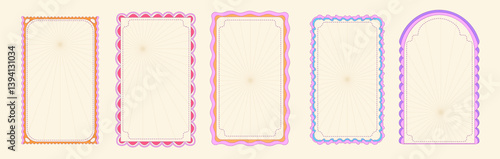 Scallop shape frame set for decoration - colorful wavy rectangular and arch borders with stitch pattern, sunburst lines. Vintage festive card templates, cute holiday invitation, empty space for text.