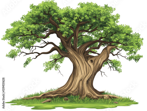 A large, detailed tree with thick trunk and lush green leaves stands prominently. tree branches extend outward, showcasing its natural beauty and strength, evoking sense of tranquility