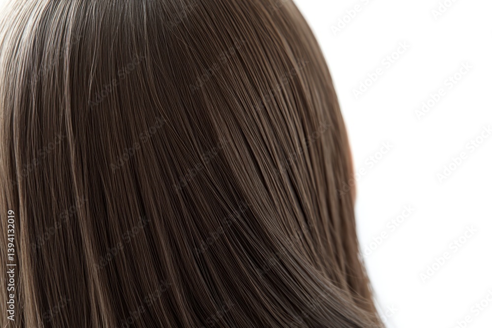 Close-up back view of a woman with straight, long brown hair, isolated on a pastel white background. Close-up back view of a woman with straight, long brown hair, isolated on a pastel white background.