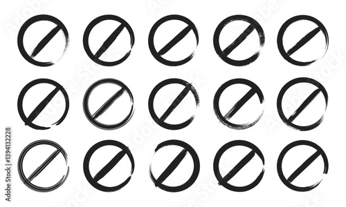 Hand drawn brush paint forbidden vintage grunge style red stop sign vector illustration set. Red crossed circle ban prohibited stop sign with hand drawn paint brush style warning refusing symbol set.