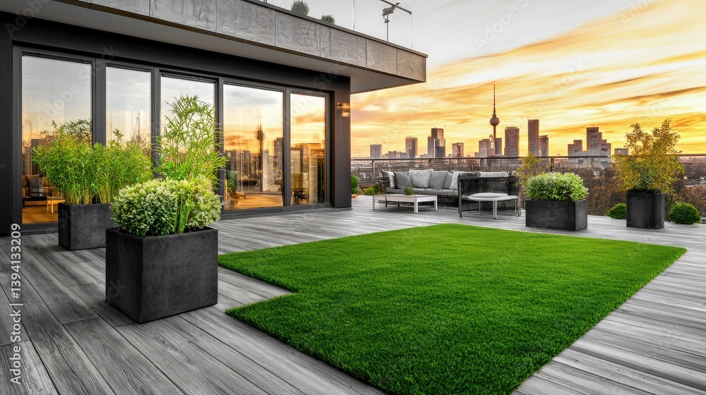 Obraz premium Lush green rooftop garden or balcony with manicured lawn plants and furniture overlooking a vibrant city skyline at a picturesque golden hour sunset Peaceful