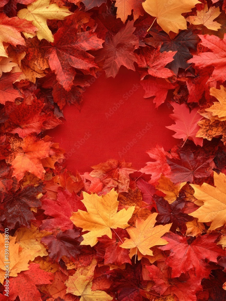 Autumn leaves frame a red background Autumn leaves frame a red background