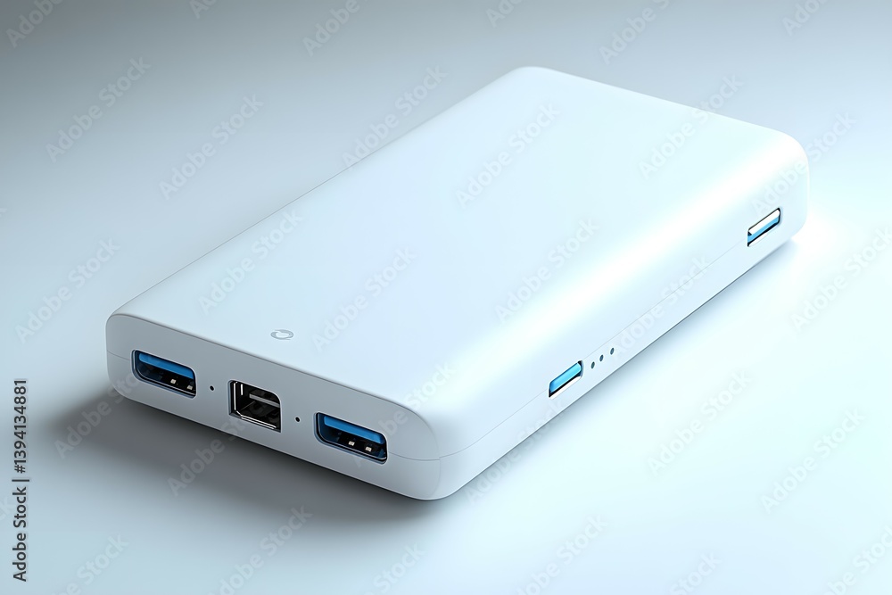Closeup view of a stylish white power bank with various ports and battery indicators Closeup view of a stylish white power bank with various ports and battery indicators