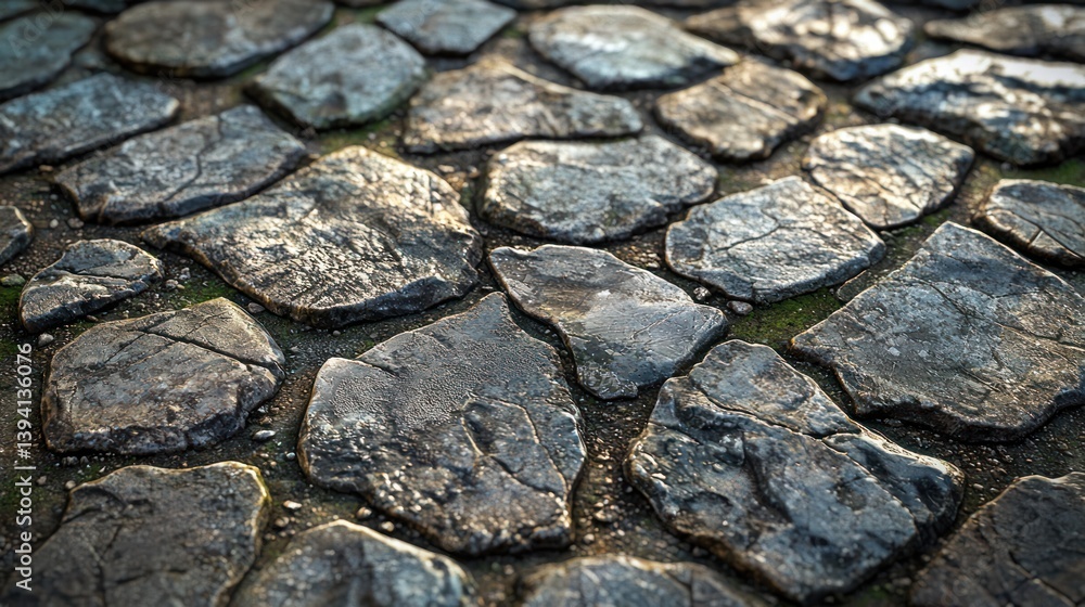 Fototapeta premium Textured cobblestone pathway with natural weathering and cool stone colors in urban setting