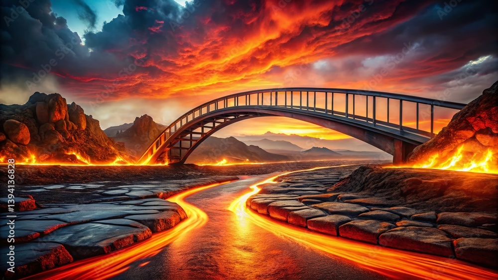 Obraz premium A Surreal Lava River Bridge Modern Architecture Meets a Cobblestone Path in a Dreamlike Landscape Explore this stunning