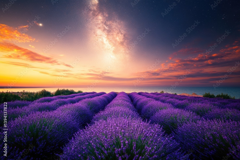 Lavender fields at sunset under a stunning night sky, filled with stars and the Milky Way galaxy. Lavender fields at sunset under a stunning night sky, filled with stars and the Milky Way galaxy.