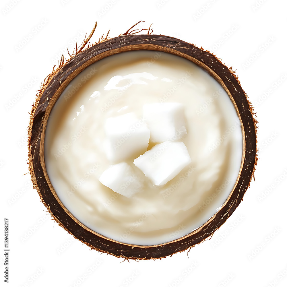 Smooth and creamy coconut milk pudding with a velvety texture and tropical flavor, isolated white background, modern art style Smooth and creamy coconut milk pudding with a velvety texture and tropical flavor, isolated white background, modern art style