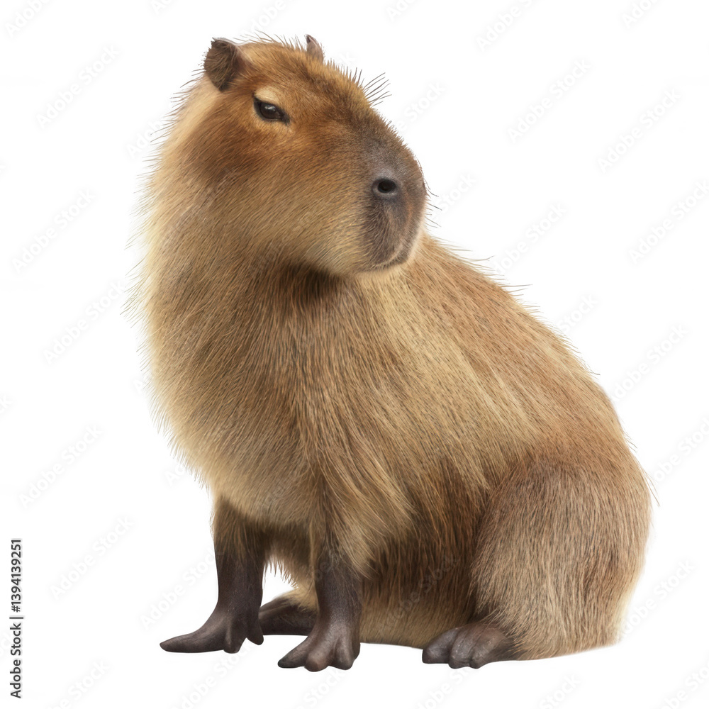 Fototapeta premium Realistic Capybara Sitting with Relaxed Expression Transparent Background