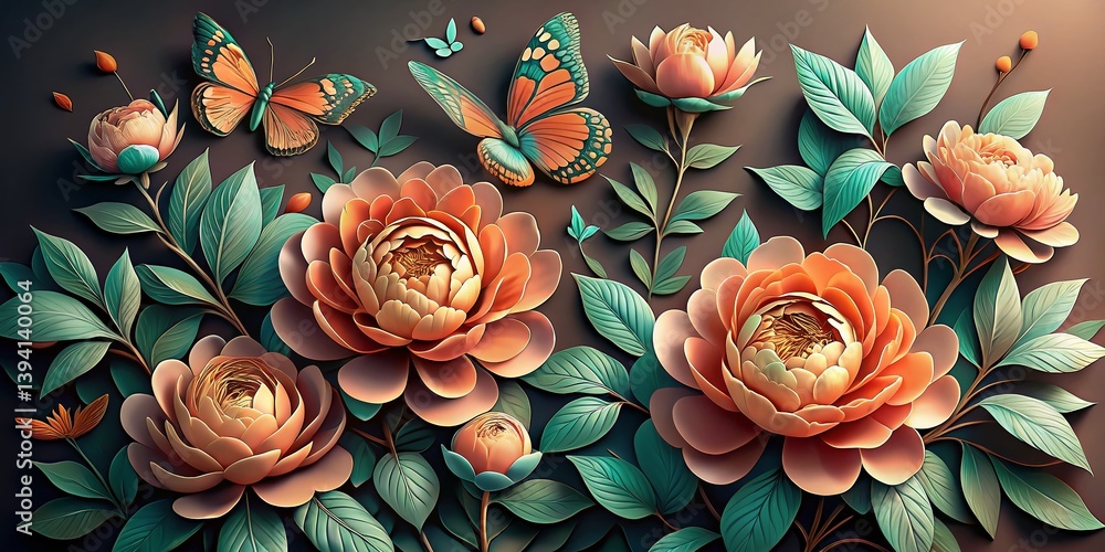 Fototapeta premium Delicate Coral Peonies and Mint Leaves in a Surreal Pastel Setting with Butterflies A Dreamlike Floral Still Life