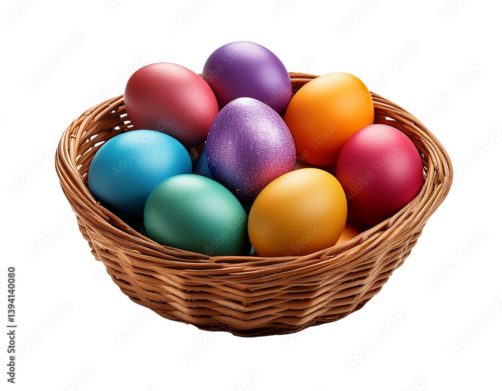 Naklejka premium Colorful eggs in basket, isolated on transparent background