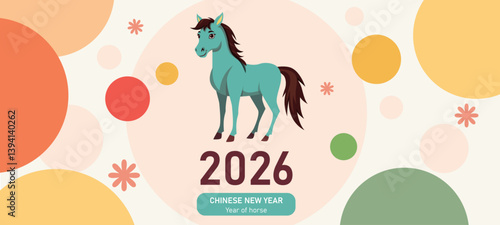 happy Chinese new year 2026 wishes illustration horse, simple colorful design, year of horse 2026