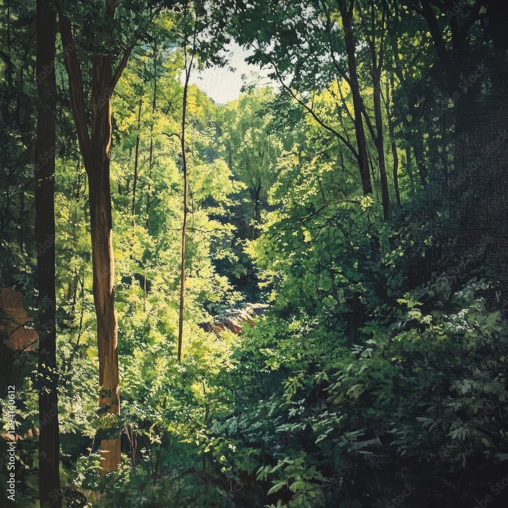 Fototapeta premium Lush forest sunlight streaming through green tree canopy close up nature scene