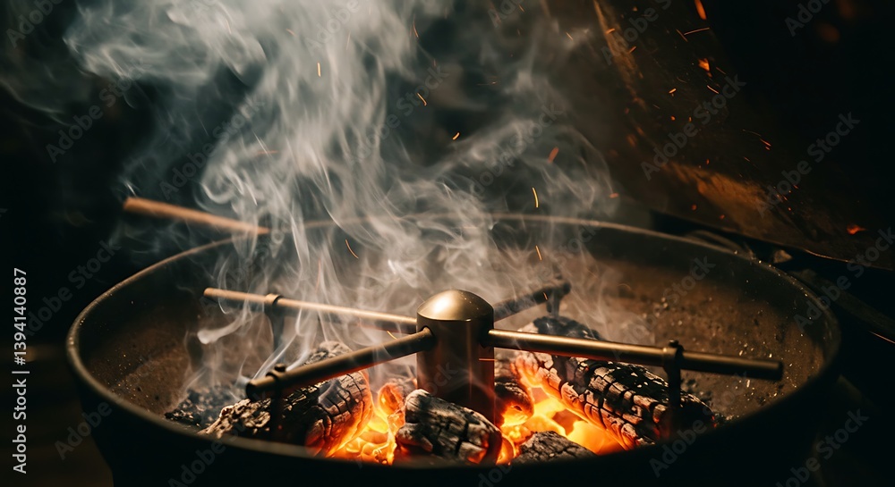 Burning Embers with Smoke Rising Inside Cooking Vessel for Heat and Warmth Burning Embers with Smoke Rising Inside Cooking Vessel for Heat and Warmth