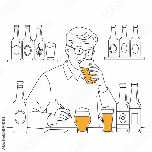 Man enjoying craft beer while taking notes in a cozy bar setting  