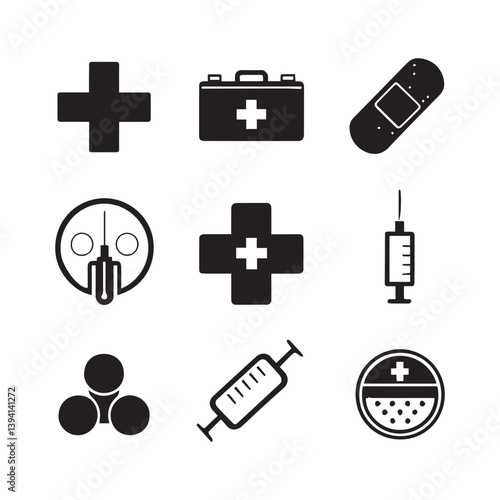 Foto icon silhouette of Medical Symbols – Crosses, band-aids, syringes, pills, or first aid kits isolated on white background