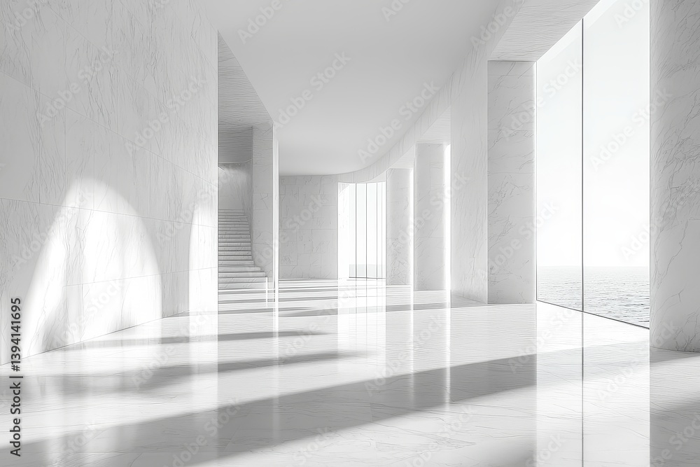 Obraz premium Abstract white interior with minimalist architectural elements, empty room background, simple geometric shapes in modern building design.