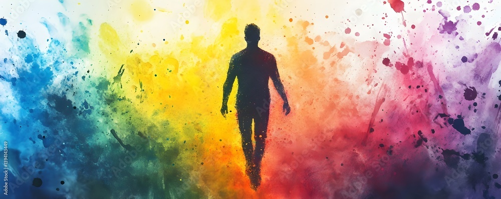 Naklejka premium Dynamic Rainbow Silhouette Amidst Chaotic Paint Splatter, Generative AI