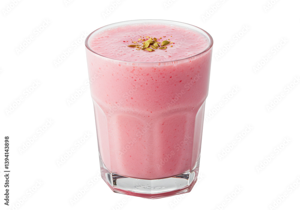 Refreshing pink smoothie topped with crushed nuts in a clear glass Refreshing pink smoothie topped with crushed nuts in a clear glass