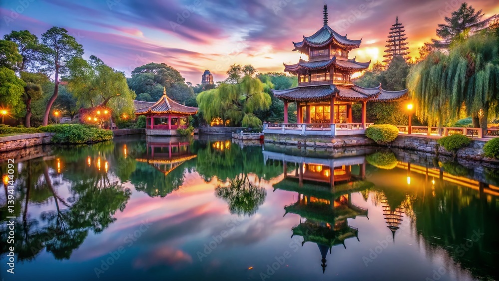 Fototapeta premium A Tranquil Chinese Garden Pond at Dusk Surreal Reflections and Mystical Ambiance