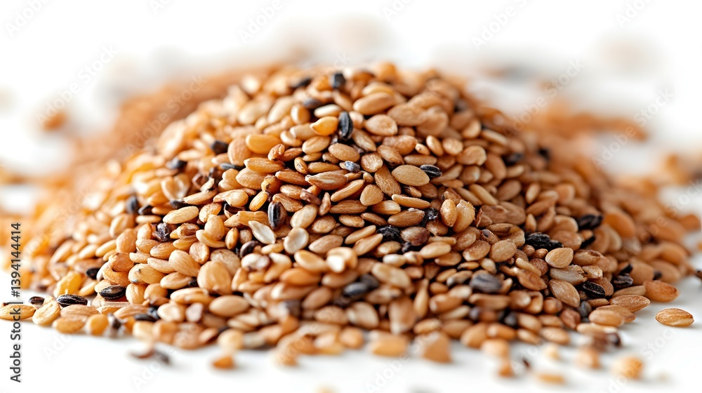 Obraz premium Heap of Mixed Sesame Seeds on White Background Macro Shot of Food Ingredient